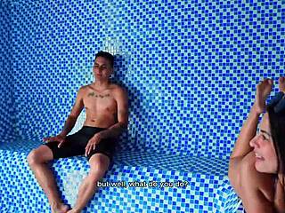 colombian milf's big ass rides young cock in public sauna cum facial