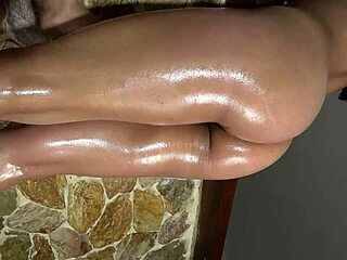 great view of oiled curvy colombian ass and legs in red dark blue panties