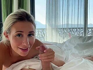 young beauty gives old man morning blowjob