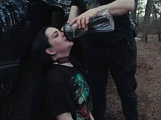 submissive cutie rimjobs then chokes on rough roadside face fucking