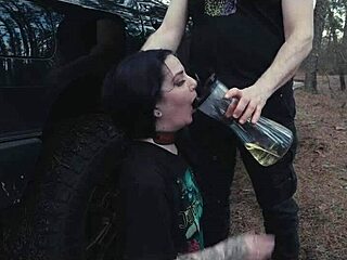 submissive cutie rimjobs then chokes on rough roadside face fucking