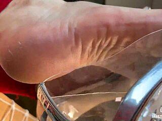 dangling see-through heels on wrinkled bare feet closeup!