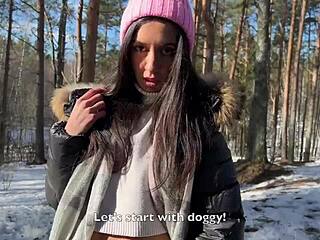 lost teen fucked creampie by forester in snowy forest!