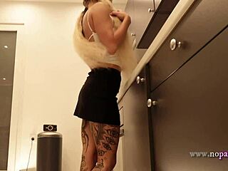 😍 tattooed blonde coed flashes meaty pussy and ass in kitchen