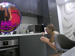 😍 tattooed blonde coed flashes meaty pussy and ass in kitchen