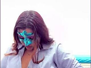 brunette student caresses breasts before exam questionnaire