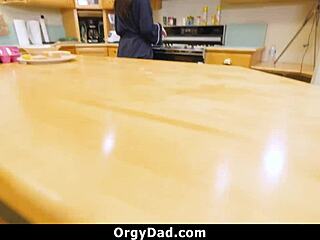 Stepdaughter sneaks under table for daddy's throbbing cock suck