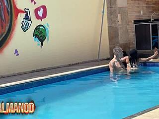 skinny insta babe fucks tattooed guy poolside