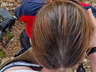 Shy Russian Brunette Slobbers on Huge Cock in Forest Date