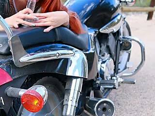 fuck this dildo hard on my biker boots outdoors!