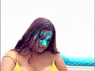 brunette student caresses breasts before exam questionnaire