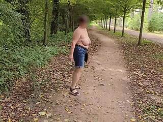 busty milf flashes her huge saggy tits outdoors publicly