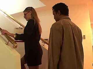 Sexy blonde babe moans in interracial lingerie stocking fuck