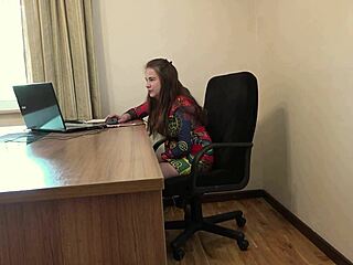 bossy busty milf masturbates with dildo in office