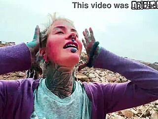 public deepthroat blowjob ends with huge facial cumshot on pierced goth face