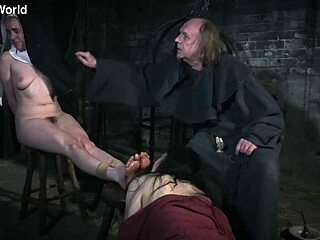 Nun whore licks feet in rough bdsm fuck