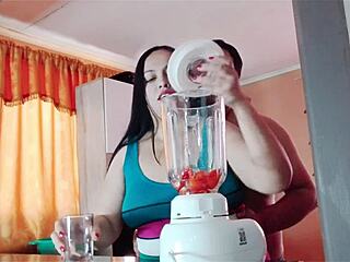 busty milf shakes tits while getting kitchen fuck