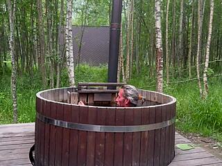 cute skinny blonde gives outdoor bath blowjob on big cock