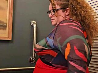 Horny bbw secretary flashes massive natural tits and panties