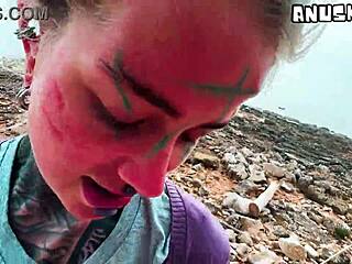 public deepthroat blowjob ends with huge facial cumshot on pierced goth face