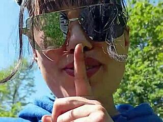 Deepthroat blowjob outdoors behind real scenes