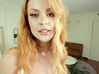 redhead coworker's tits visible through dress lead to blowjob