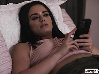 The petite brunette deepthroats cock before shaved pussy pounding