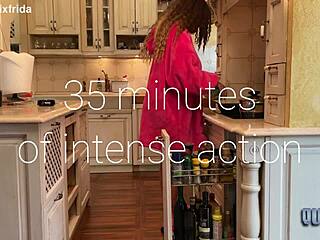 Intriguing bare feet tease from furry slippers in kitchen