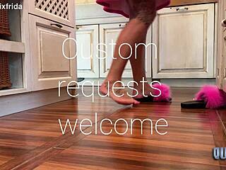 Intriguing bare feet tease from furry slippers in kitchen