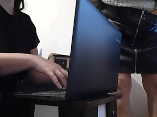 brunette secretary's miniskirt tempts uncontrollable office masturbation