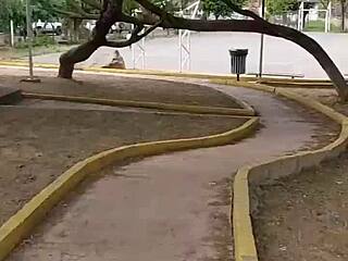 horny latina bbw beruka stuffs huge pussy toy outdoors in park