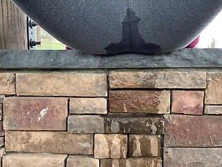 Teen Solo Outdoor Leggings Peeing Closeup Scene