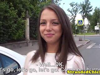 Picked up cute freckled hitchhiker teen bent over outdoors