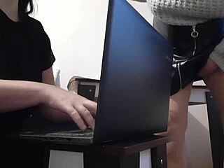brunette secretary's miniskirt tempts uncontrollable office masturbation