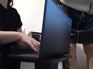 brunette secretary's miniskirt tempts uncontrollable office masturbation