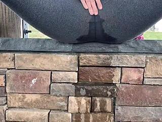 Teen Solo Outdoor Leggings Peeing Closeup Scene