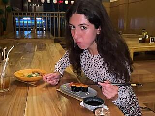 Cum Blast on Teen's Face at Sushi Bar - She Devours Rolls Covered!