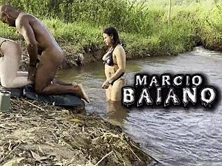 two hot babes gangbanged outdoors by the river creampie orgy