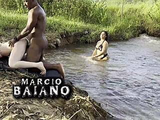 two hot babes gangbanged outdoors by the river creampie orgy