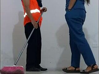 Hey cleaner, nurse seduces you for standing office fuck!