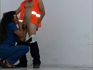 Hey cleaner, nurse seduces you for standing office fuck!