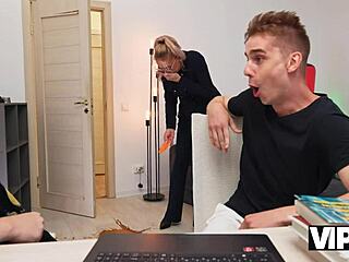MILF Tutor Fucks Two Dorm Studs in Stockings