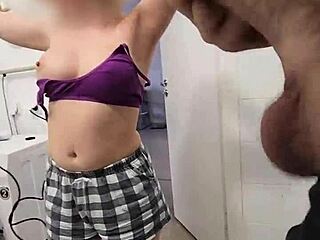 stepsis teases stepbro jerking off over her shower tits