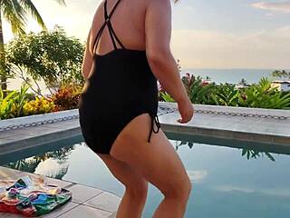 stepmom flashes tits poolside before hairy pussy creampie finish