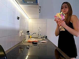 sexy brunette in satin nightie lounges bored in dorm kitchen