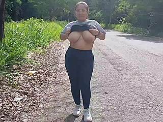 Big Boob Latina Flashes Huge Tits and Curvy Ass in Public Park