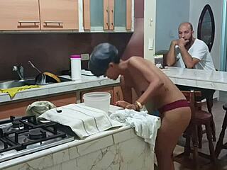 skinny tattooed housewife fingers shaved pussy in kitchen taboo tease