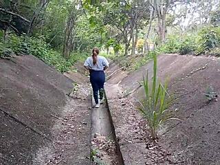 Big Boob Latina Flashes Huge Tits and Curvy Ass in Public Park