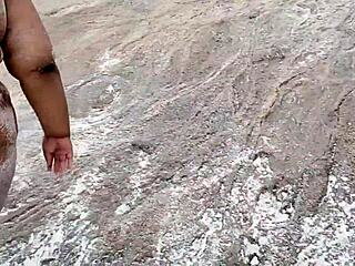 Bold nudist housewife flashes huge natural tits big ass and fat pussy on crowded beach street