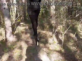 sexy amateur struts forest path in pantyhose and towering heels